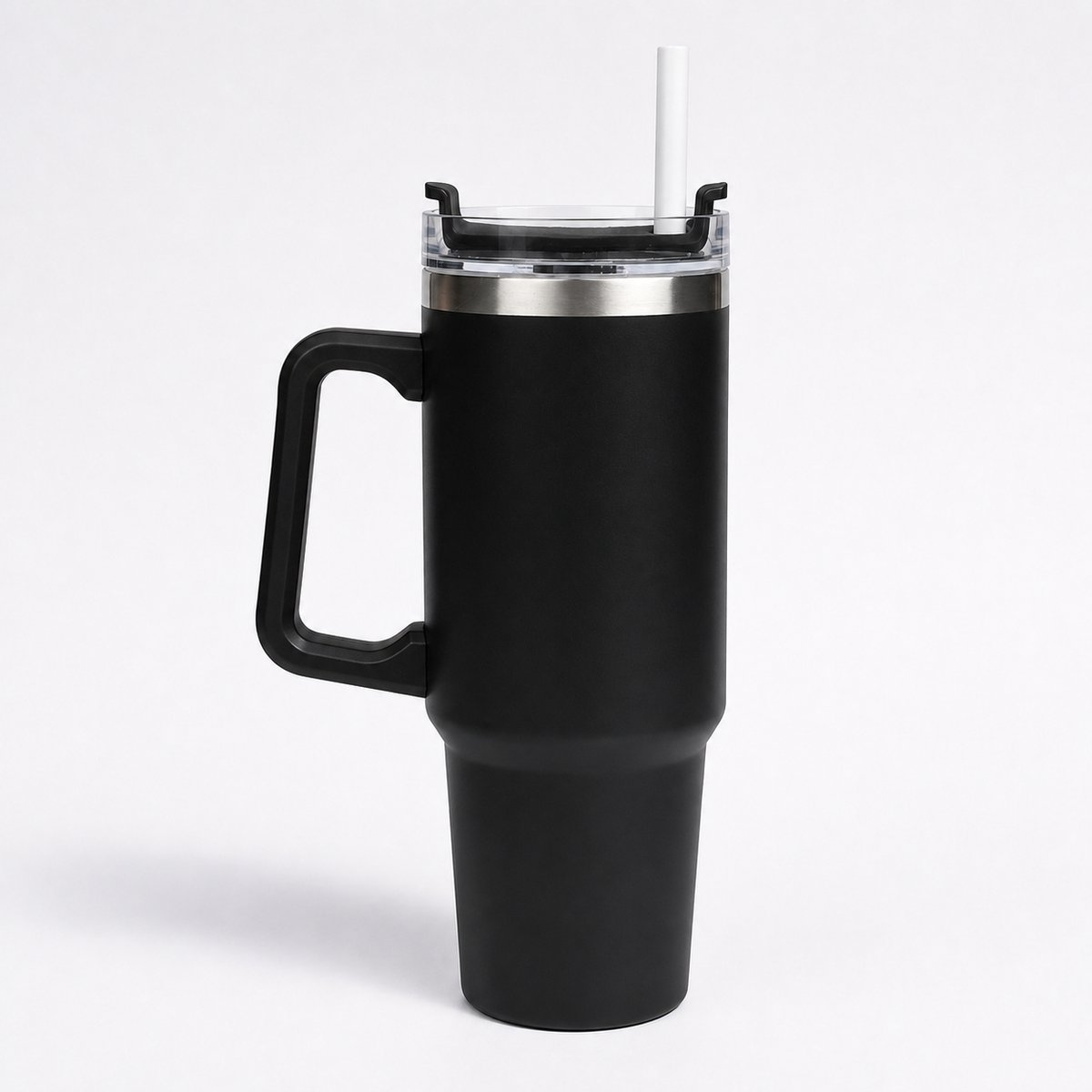 Thermosbeker 900 ml met Rietje en Handvat - Zwart - Voor Kantoor en Auto