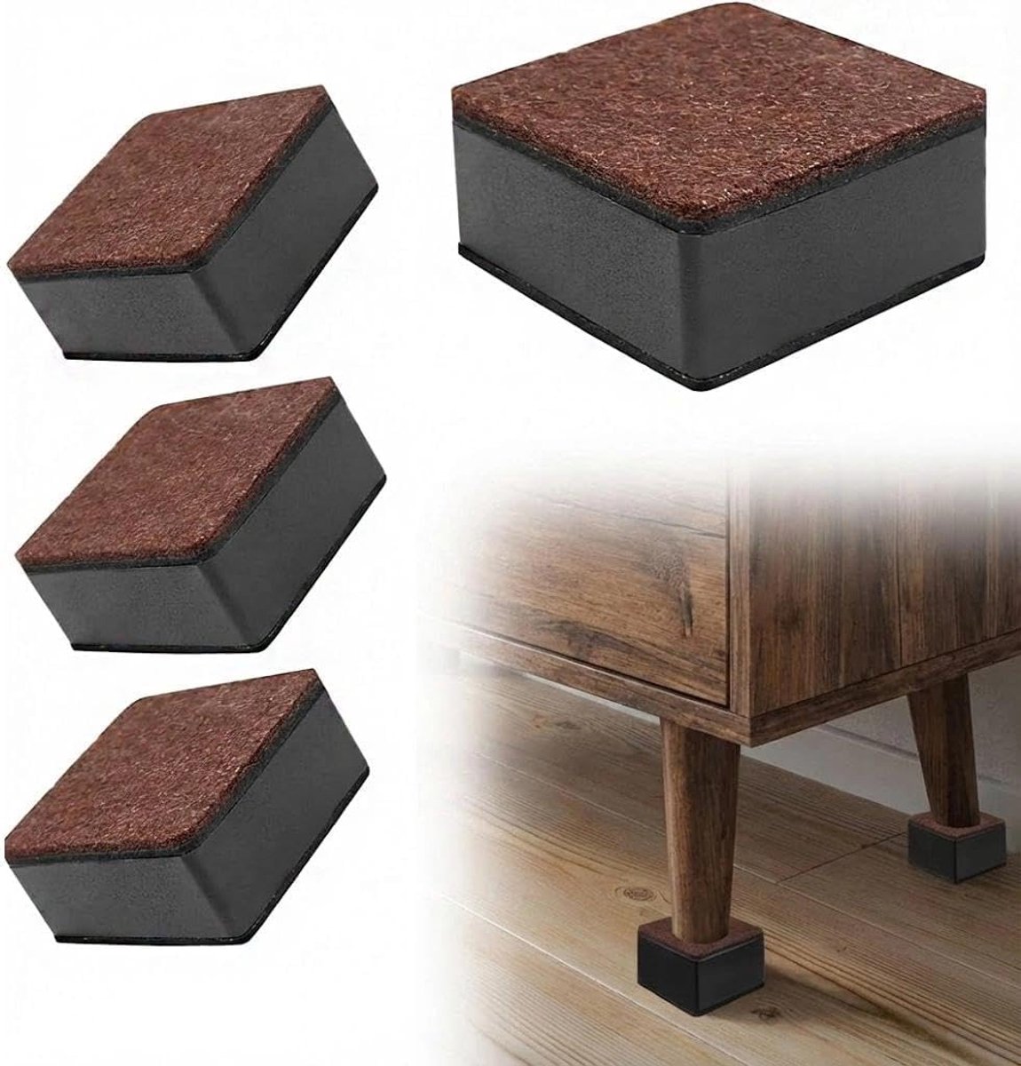 hout, meubelverhoging, vierdelige meubelset van koolstofstaal met 3 cm poten, verhogingsmatten met beschermende vilten onderkant, voor bedden, banken en tafels (bruin)