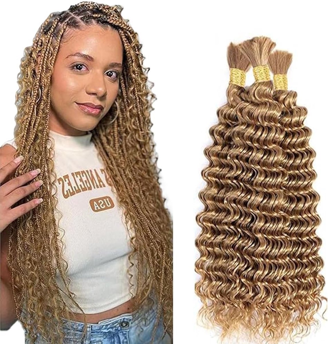 30 30 30 Zoll Deep Wave Bulk Braiding Menselijk haar Bundles Unprocessed #27 Honey Blonde Human Hair Extensions For Boho Braids No Weft Curly Braiding Hair 50g/bundle Total 150g