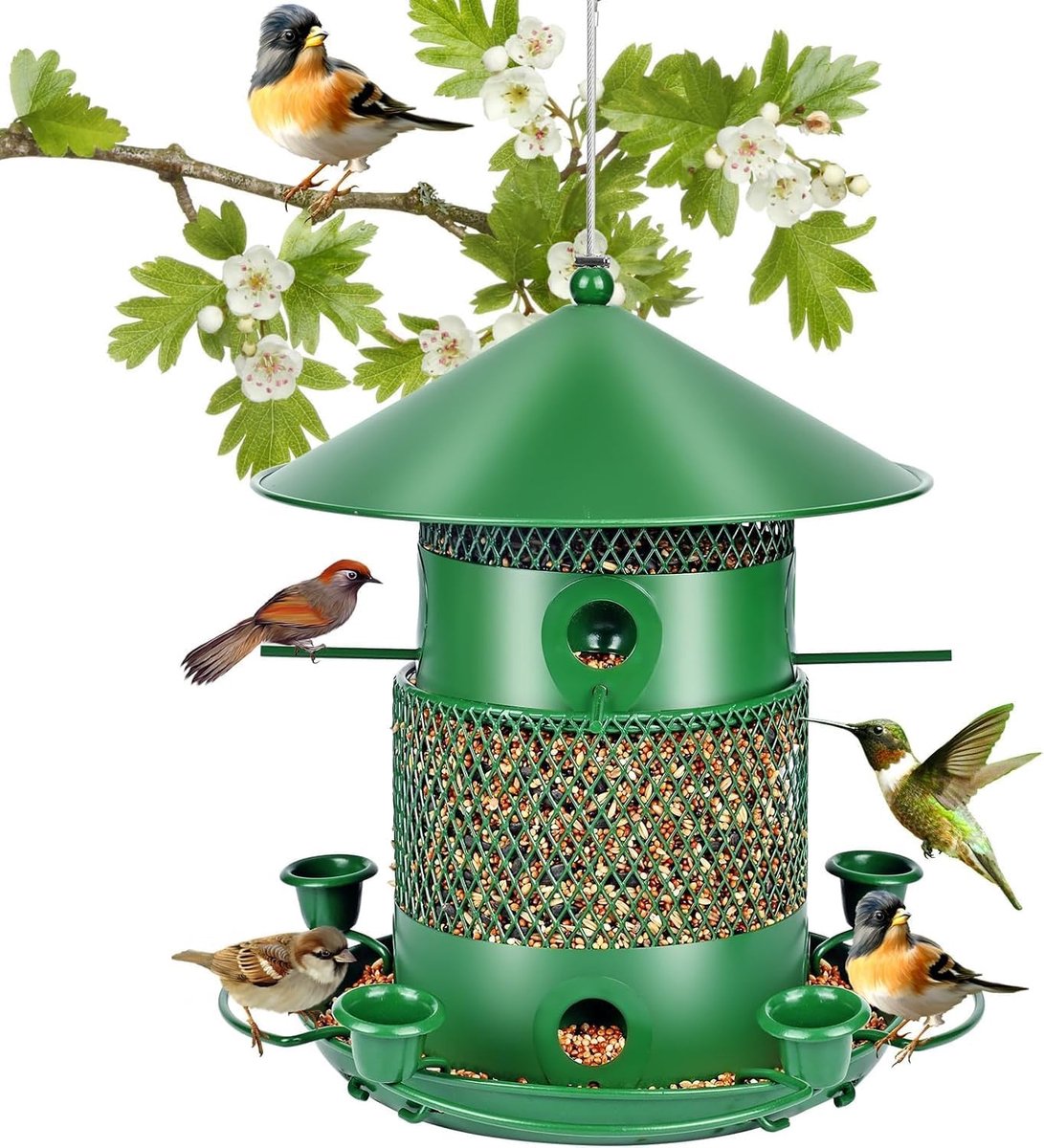 Vogelvoederhuis om op te hangen, 2 liter vogelvoederdispenser voor wilde vogels, vogelvoederstation, vogelhuis om op te hangen, weerbestendig, metalen voederhuis voor vogels, geschikt voor