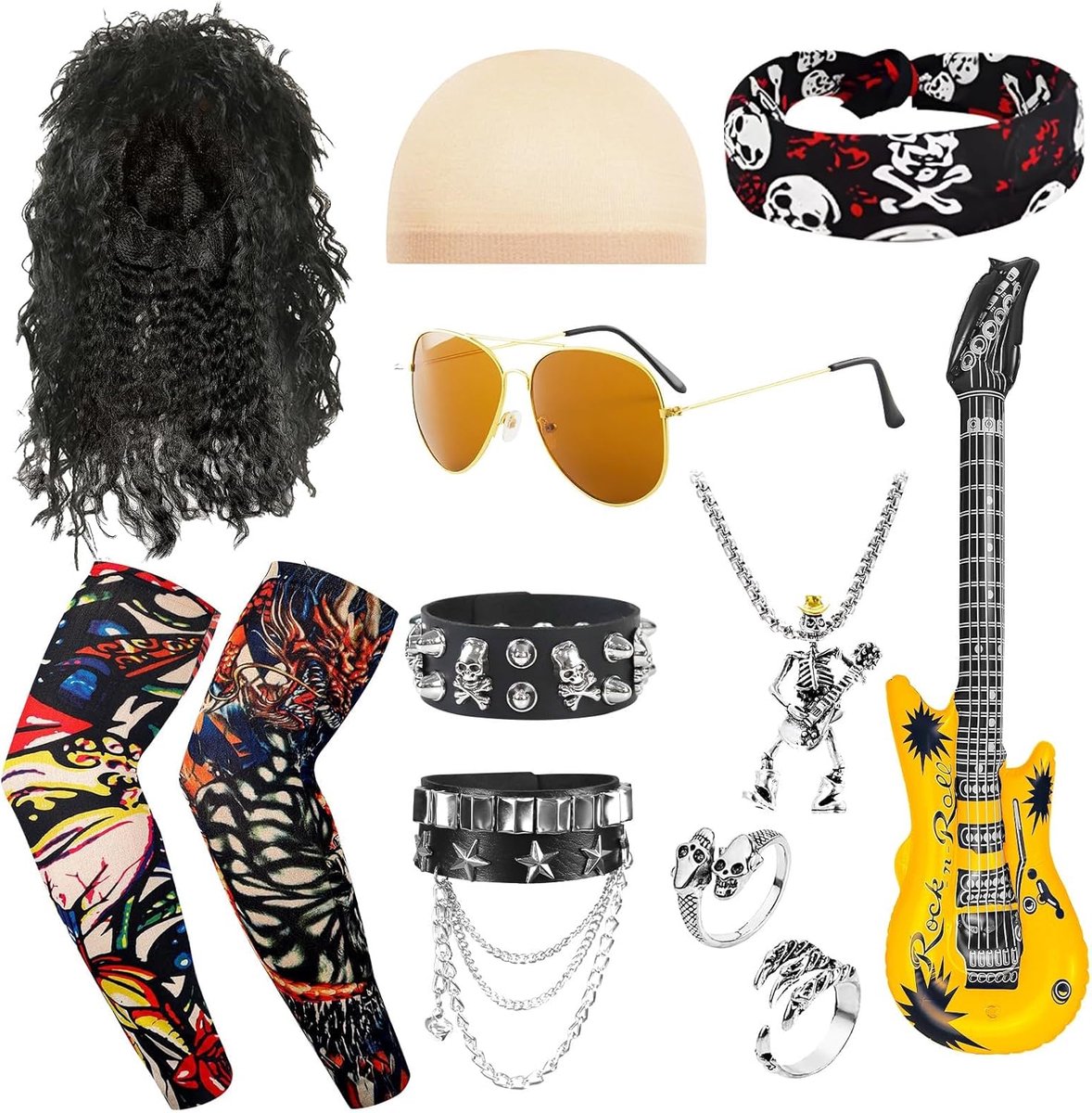 11-delige rocker-kostuumaccessoireset, jaren 80 en 90, punk gothic kostuumkit met pruik, zonnebril, hoofdband, opblaasbare gitaar, armbanden, halskettingen, ringen, tattoo-mouwen, voor mannen en