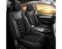 Autostoelhoezen voor Nissan Qashqai 2 J11 in pasvorm| Complete set | Voorstoelen + Achterbank AID Serie | AID403 | Zwart met witte stiknaden