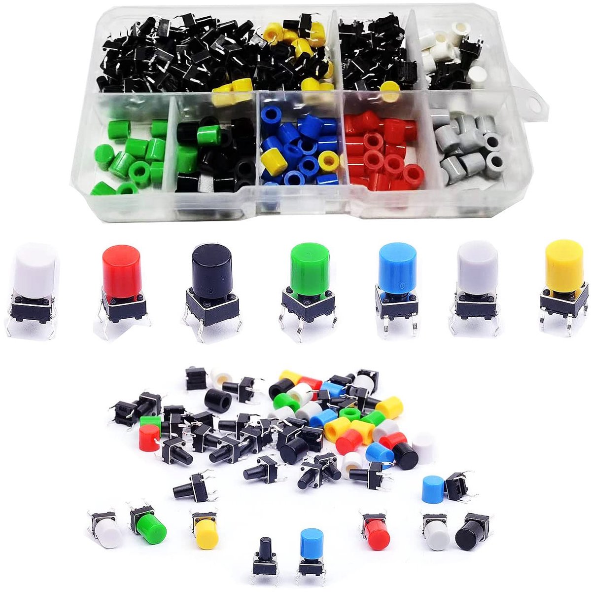 105 stuks tactiele drukschakelaars, 6×6×9mm momentane tactschakelaars, micro tactiele schakelaar micro momentane tact assortiment kit, tactiele tact drukknop schakelaar, drukknop met knop
