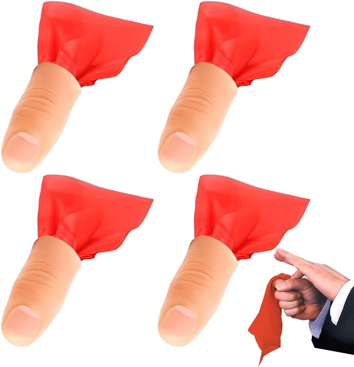 4 magische accessoires voor de duim, goocheltruc, accessoires voor magie en 4 rode zakdoeken, geschikt voor het feest van toverartikelen.