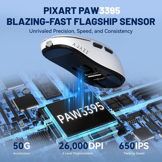 X AJAZZ AJ159 Draadloze Gaming Muis, Gaming Mouse voor Bedrade PC's 2.4G/USB - C, Oplaadbare Computermuis, Sensor PAW3395, 6 Instelbare DPI tot 26000 voor PC/Mac - Wit — afbeelding 4