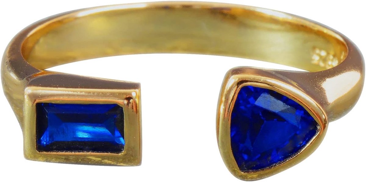 Zilveren damesring, opvallend van 925 sterling zilver, smal, goud met steen, blauwe vormen, zirkonia, verstelbaar, open SRI728