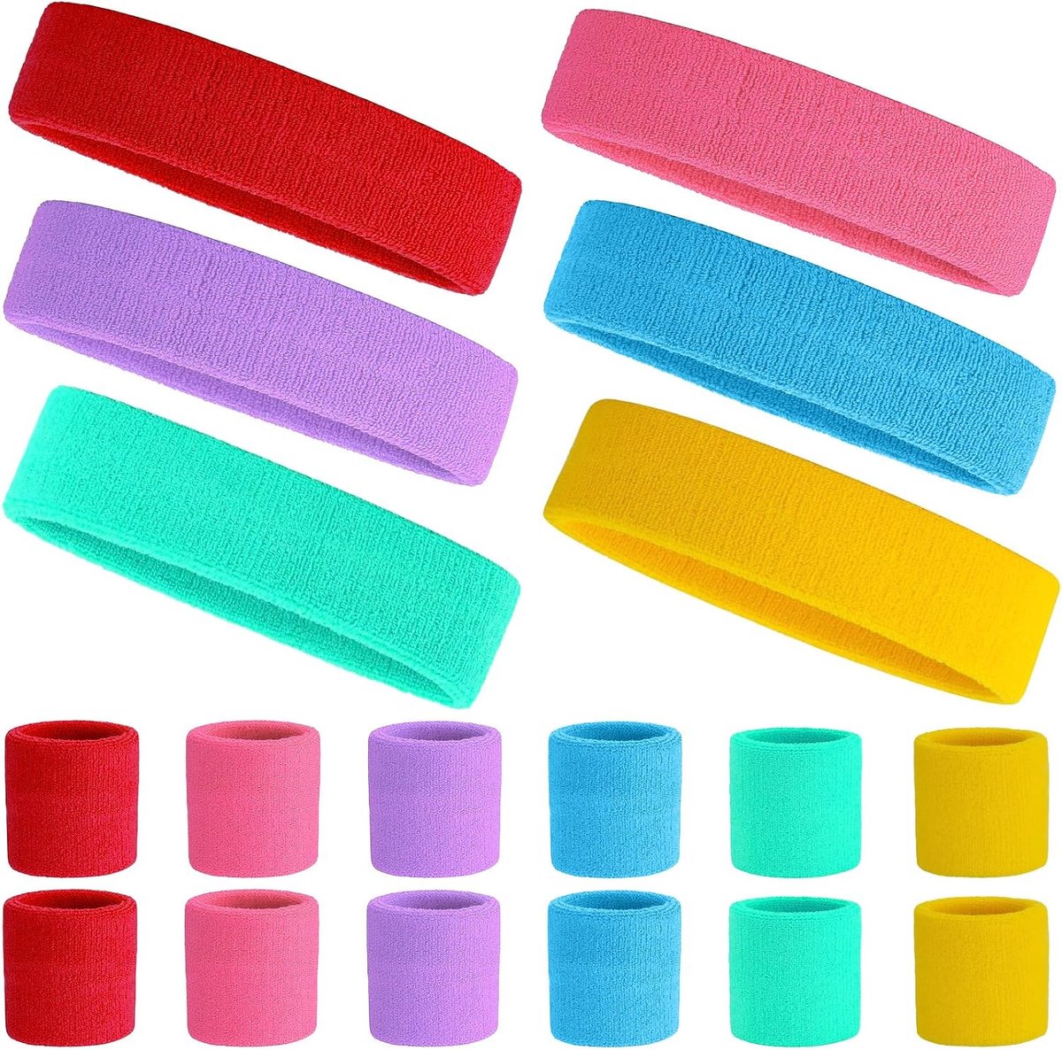 18 stuks zweetband, 6 voor het voorhoofd, 12 voor de polsen, elastische zweetbanden voor dames en heren, basketbal, tennis, fitnessstudio (6 kleuren)