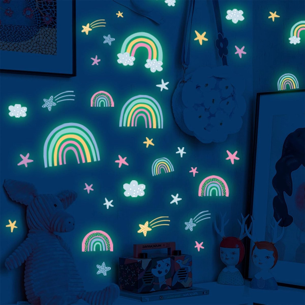Lichtgevende Sticker, Zelfklevende PVC, Regenboog/Ster/Wolken, Wandsticker, Glow in the Dark, Kinderkamer