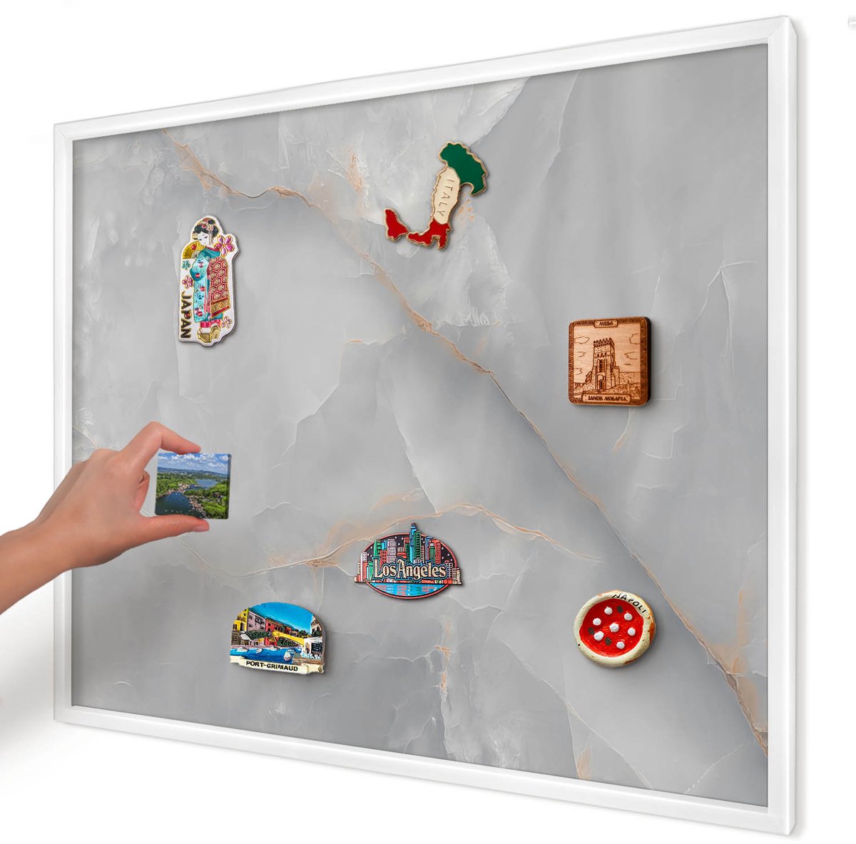 Artprintcave Grijs Magneetbord mit Witte Lijst - 80x60 cm - Grijze Aderen Magnetische Organizer - Minimalist Magnetisch Bord - Texturen