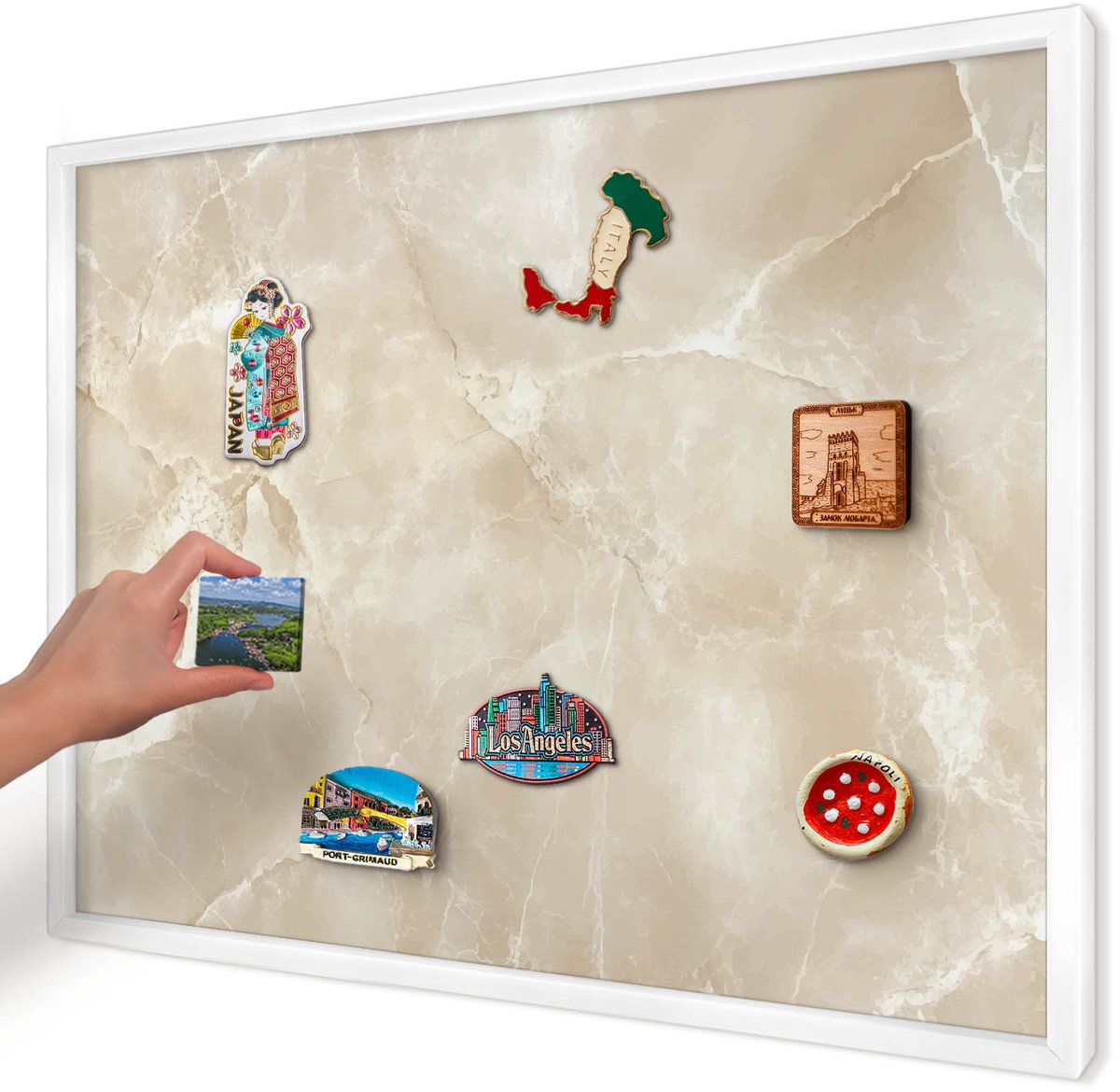Artprintcave Beige Magneetbord mit Witte Lijst - 70x50 cm - Marmerpatroon Memobord Keuken - Minimalist Magneetbord Voor Keuken - Achtergronden En Patronen