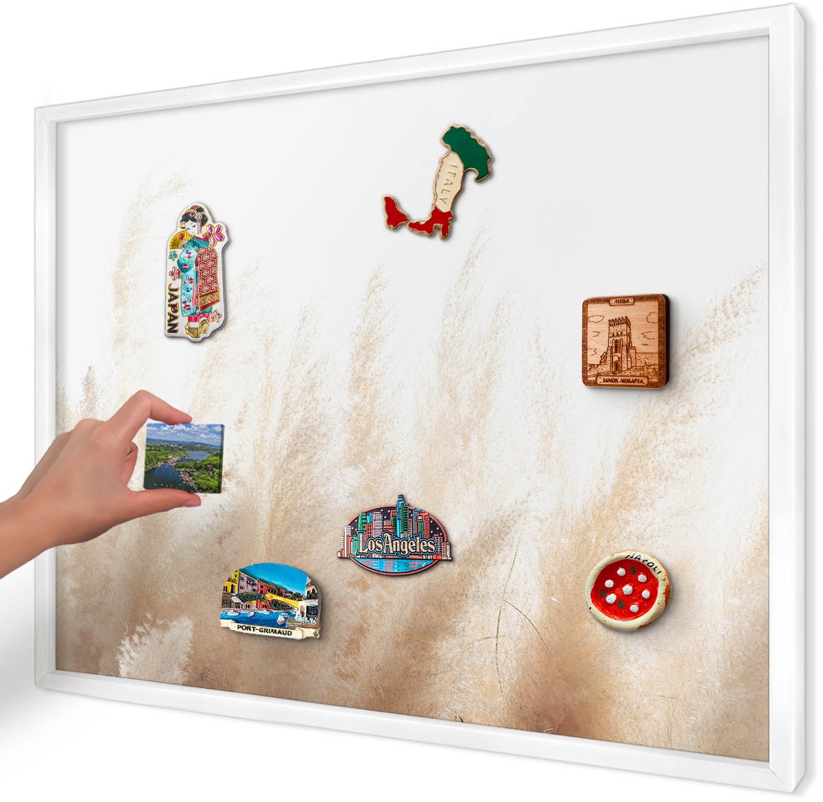 Artprintcave Beige Magneetbord mit Witte Lijst - 70x50 cm - Essentiële Grassen Magneetbord Voor Foto's - Minimalist Magneetbord Voor Keuken - Bloemen En Planten