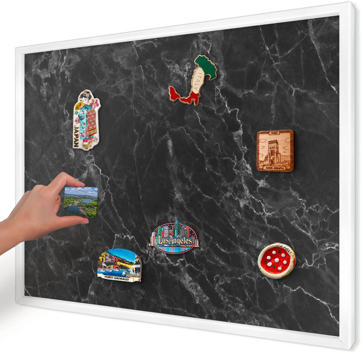Artprintcave Zwart Magneetbord mit Witte Lijst - 70x50 cm - Zwart Marmer Magneet Bord mit Frame - Minimalist Magnetische Organizer - Texturen