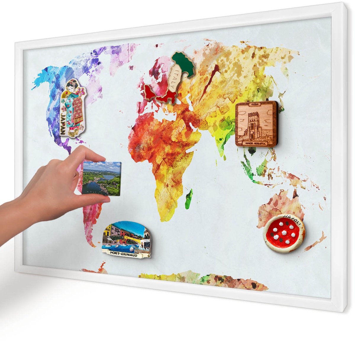 Artprintcave Geel Magneetbord mit Witte Lijst - 60x40 cm - Kleurenkaart Magneetbord Voor Keuken - Waterverf Magneetbord Voor Foto's - Kaarten