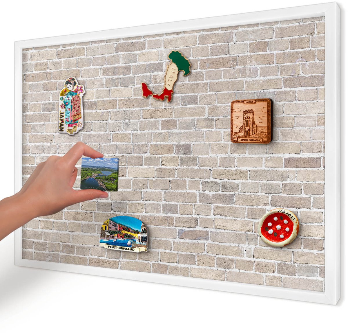 Artprintcave Beige Magneetbord mit Witte Lijst - 60x40 cm - Baksteenpatroon Magneet Bord mit Frame - Industrieel/Loft Magneetbord Voor Keuken - Achtergronden En Patronen