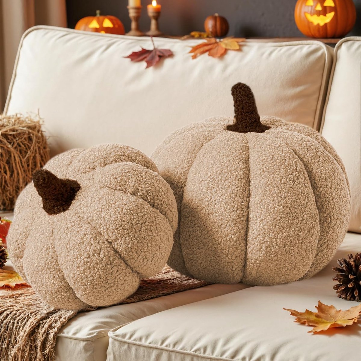 SnelShoppen - Set van 2 Herfst Pompoen Kussens, Halloween Decoratie, Zacht Fleece Sherpa 3D Vormige Kussen voor Bank, Thuis, Thanksgiving, Beige, 32x2