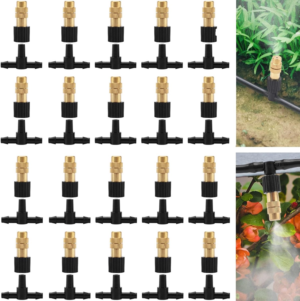 20 Stuks Drieweg Messing Vernevelsproeiers Verstelbare Micro Nebel Nozzles voor Druppelirrigatie Systeem, Passend voor 1/4 Inch Irrigatieslangen, Tuin Kas Buiten Koeling Planten Bevochtiging Sproeiers