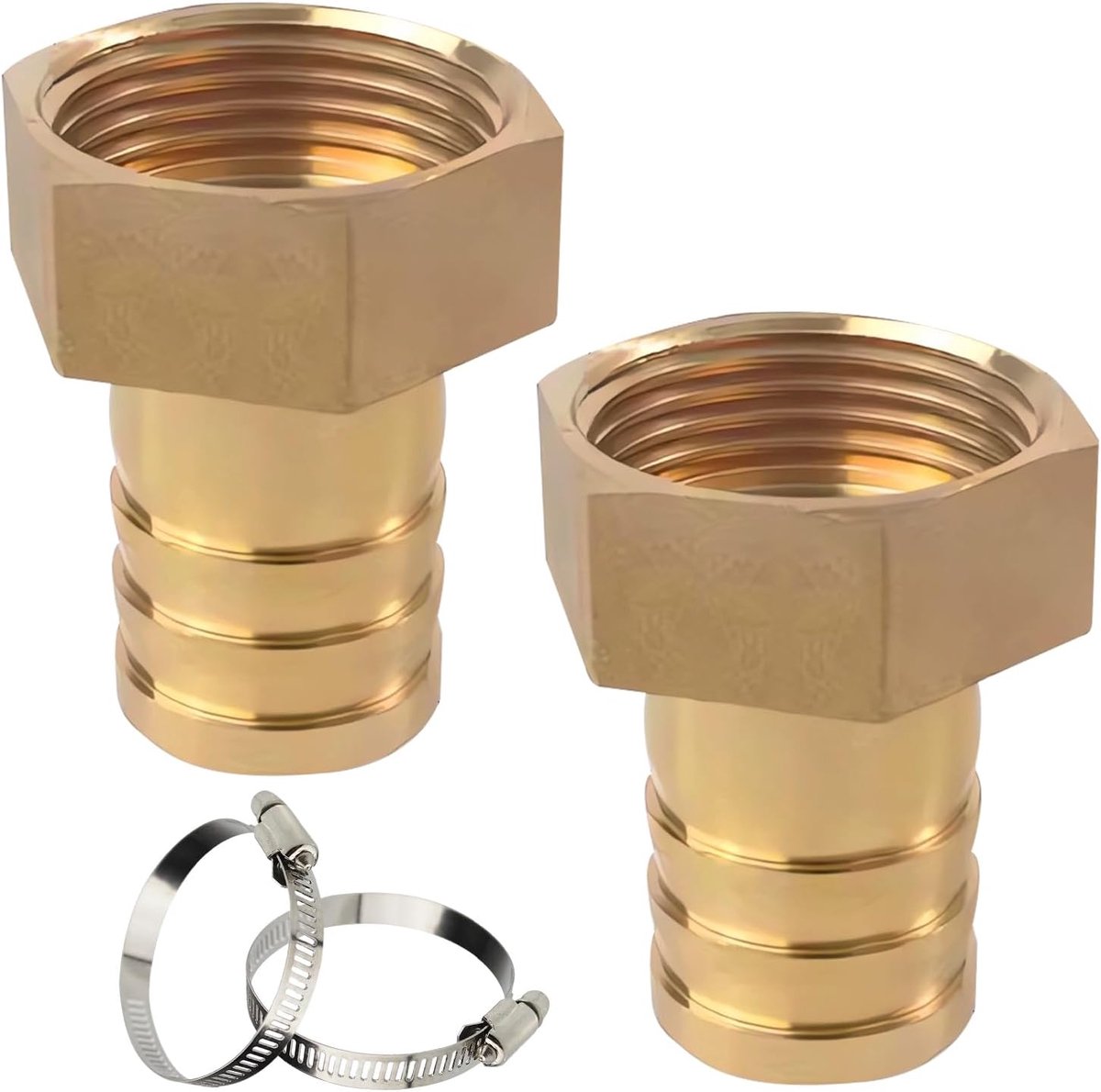 SnelShoppen - 2 Stuks Messing Tuinslang Koppeling met Slangenklemmen, 1 Inch IG x 25mm Slangaansluiting, DN 25 Tuinslang Connector voor Tuin, Regenwat