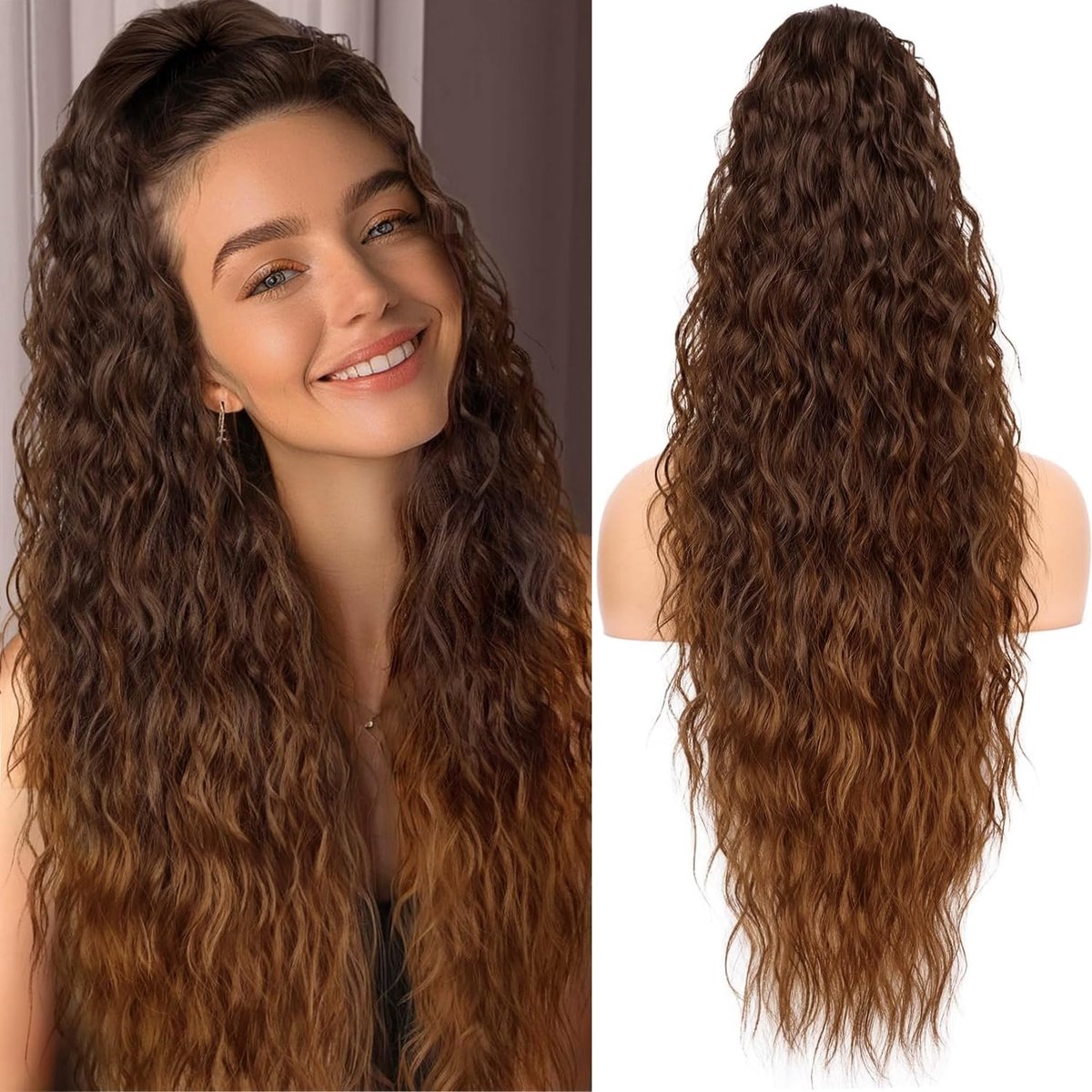 SnelShoppen - Ponytail Clip in Haarstuk Lang Golvend Krullend Haarstuk 75 cm Bruin met Koperen Highlights voor Feest, Bruiloft, Dagelijks Gebruik