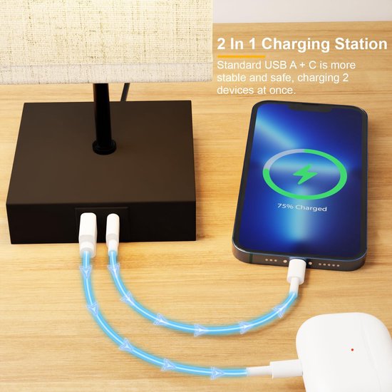 Nachtkastlamp met 3 helderheidsniveaus en USB-aansluitingen - Ideaal voor Slaapkamer en Leeswerk — afbeelding 4