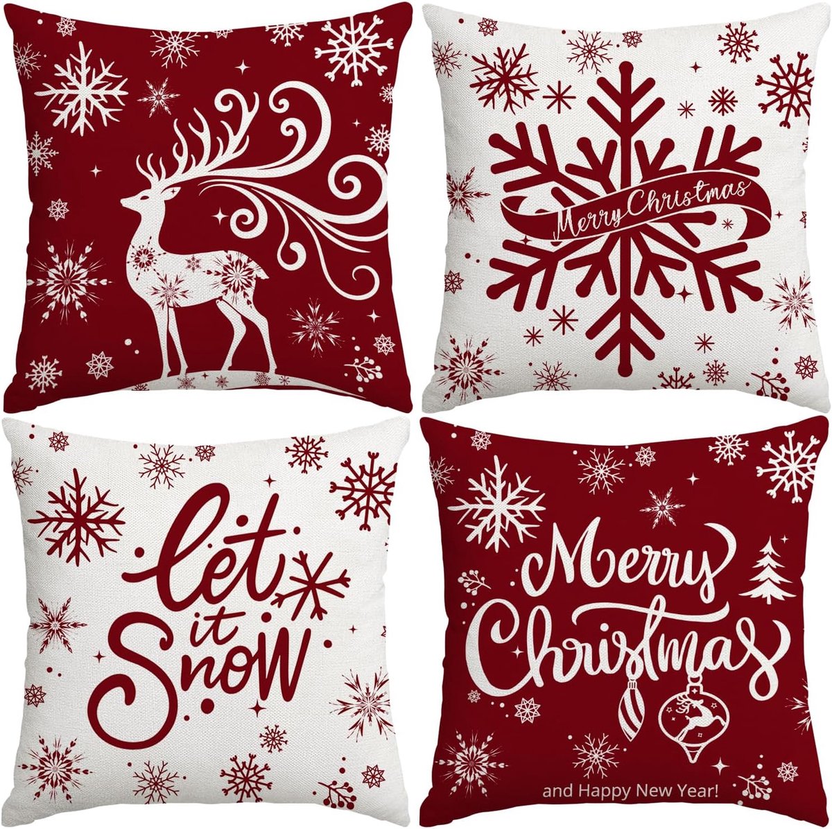 SnelShoppen - Kussenslopen 40 x 40 cm Set van 4 met Sneeuwvlokken en Eland voor Kerstmis, Rode Decoratieve Kussenslopen voor Winter en Feestdagen