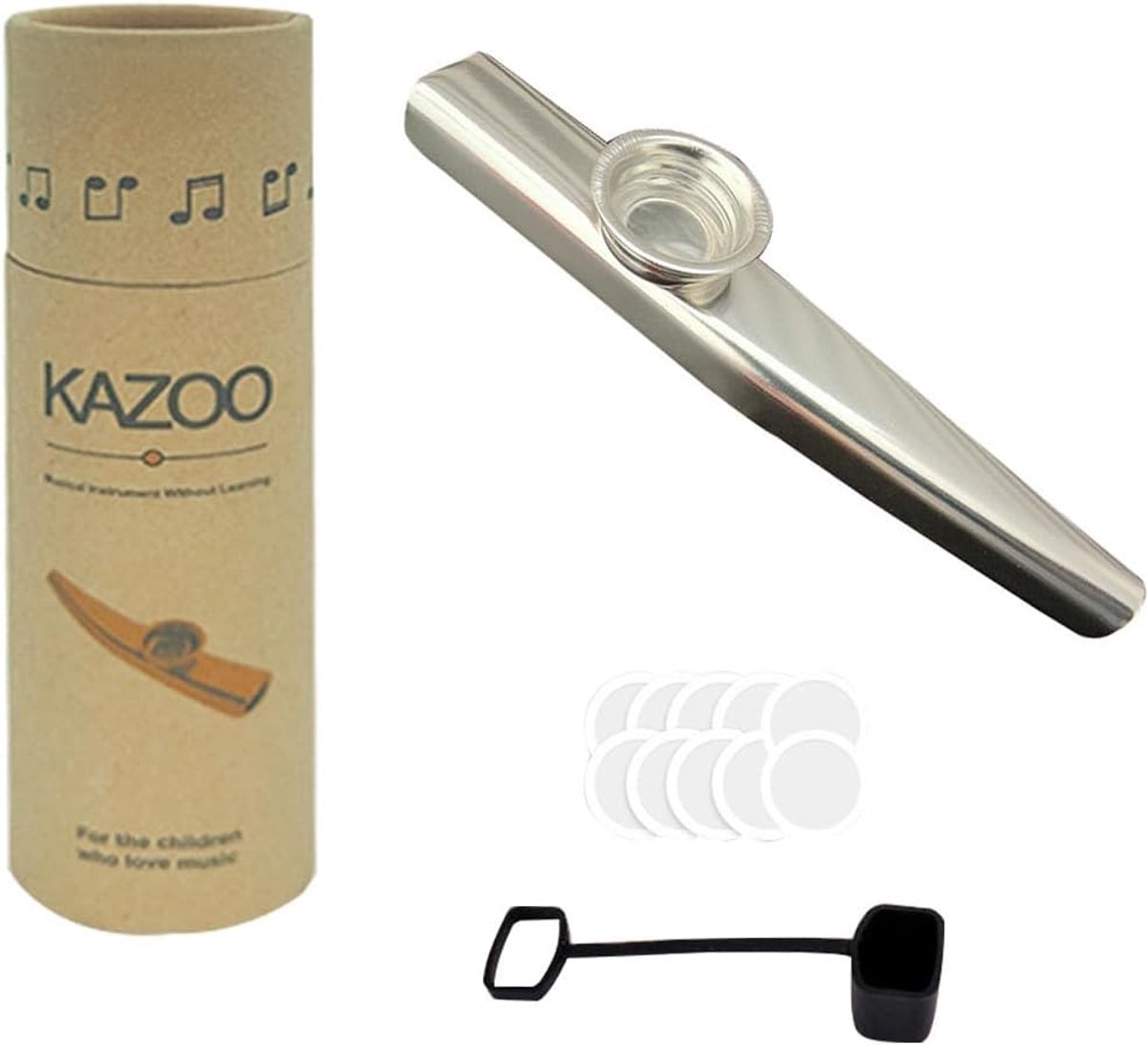 SnelShoppen - Aluminium Kazoo met 10 Fluit Membranen, Luxe Doos en Stofhoes, Lichtgewicht Muziekinstrument voor Feesten, Kamperen, Kinderen, Zilver