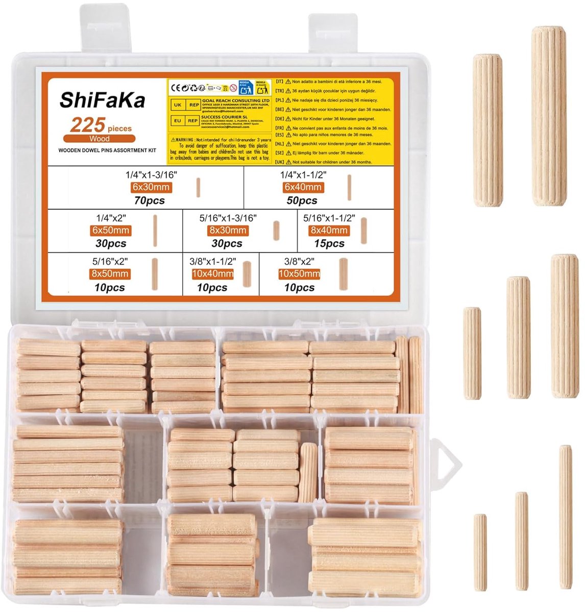 SnelShoppen - 225-delige set houten deuvels 6 mm, 8 mm, 10 mm | Houten deuvelstokken, conisch en geribbeld, perfect voor meubelconstructie en doe-het-