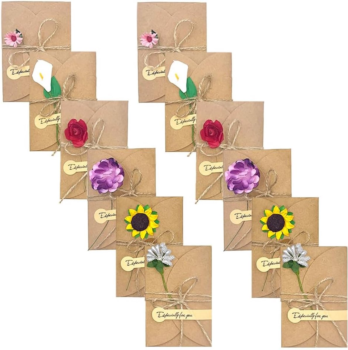 SnelShoppen - 12 Stuks Gedroogde Bloemen Wenskaarten Set, Retro Enveloppen, Decoratieve Retro Wenskaarten voor Verjaardagen, Bruiloften, Kerst, Uitnod