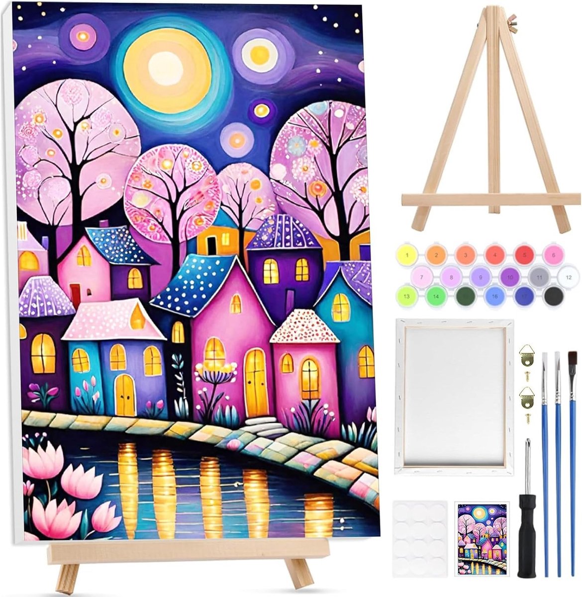 Volwassen Schilderset met Nummering, Acrylverf voor Thuisdecoratie, Inclusief Houten Easel en 20 x 30 cm Doek