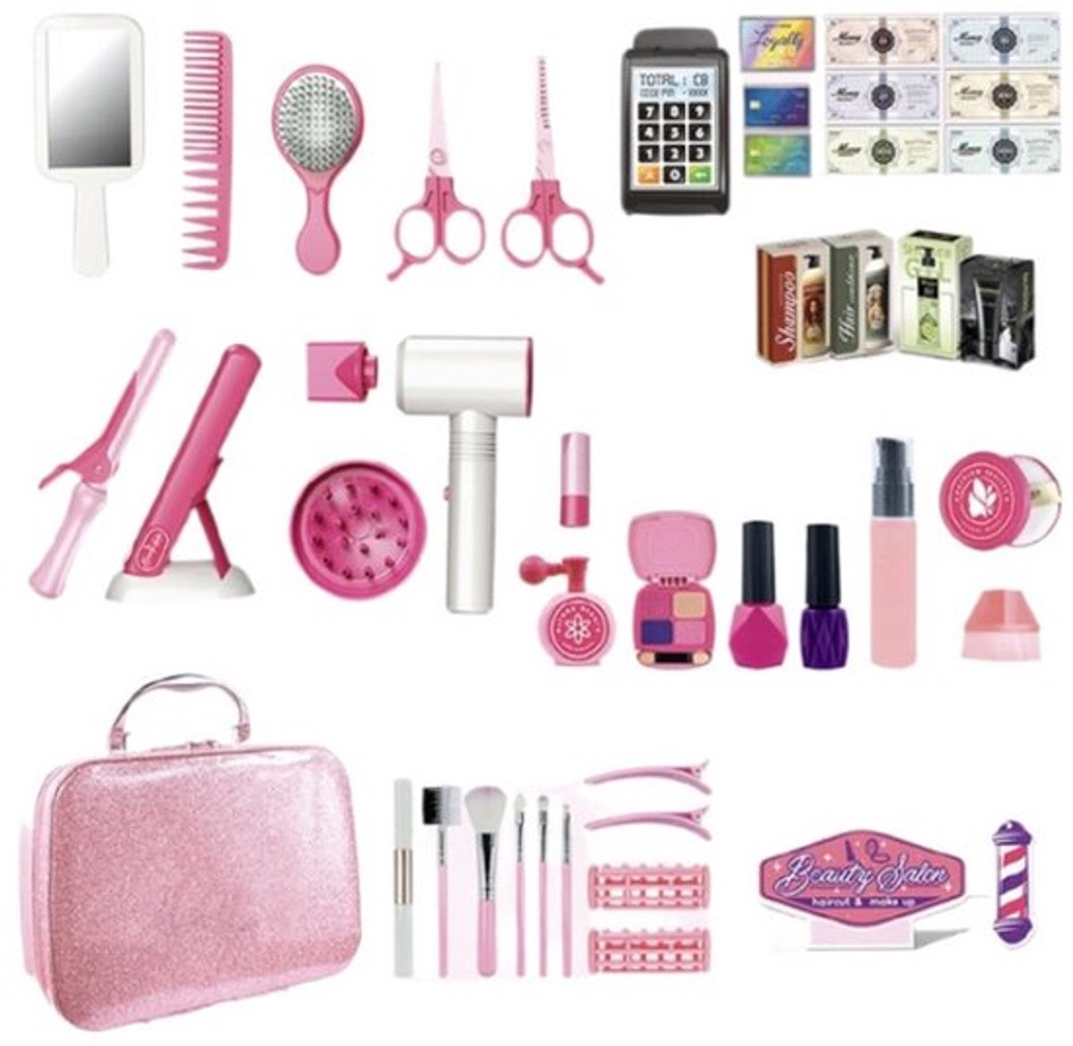 43-Delig Roze Meisjes Kapsel & Schmink Speelset - Kinder Rollenspel Verkleed & Kapper Speelgoed - Föhn/Kam/Schaar/Cosmetica Educatief Cadeau