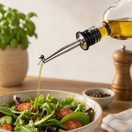 Een Knaak RVS schenktuit met klep giet olie in een salade, met een fles, pepermolen en plant op de achtergrond.