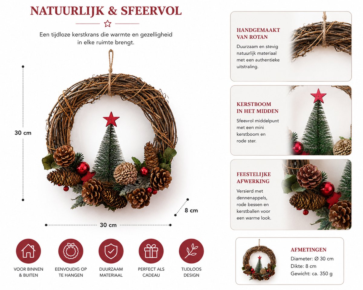 Rotan Kerstkrans Ø 30 x 8 cm – Ronde Deurkrans met Kerstboom, Dennenappels en Sneeuw – Kerstdecoratie voor Binnen en Buiten – Rood, Groen en Naturel – foto 6