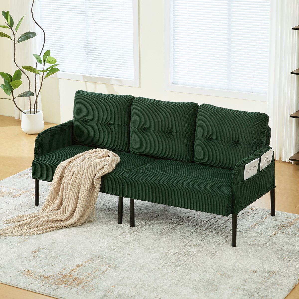 MODENUIT Zitbank 171 cm - 3-Zits Met Hoge Rugleuning En Zijvak - Voor Woonkamer Of Werkkamer - Cord Emerald