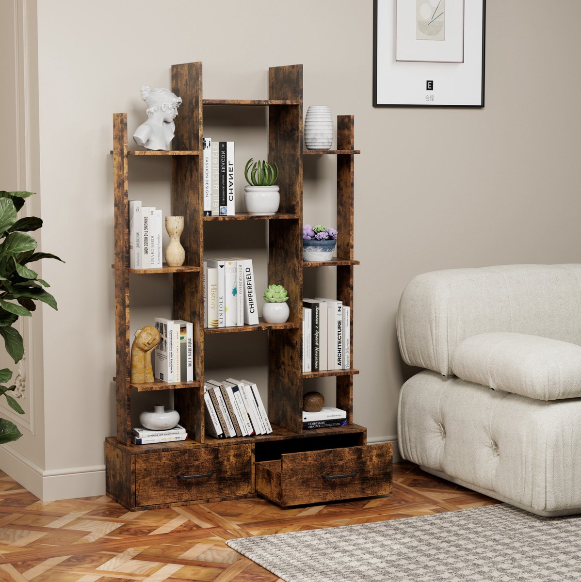 REDOM - Boekenkast - 12 open vakken en 2 lades - Vrijstaand boomvormig ontwerp - Open opbergkast - Industriële stijl - Metaal en hout - Bruin - 86 x 25 x 140,5 cm