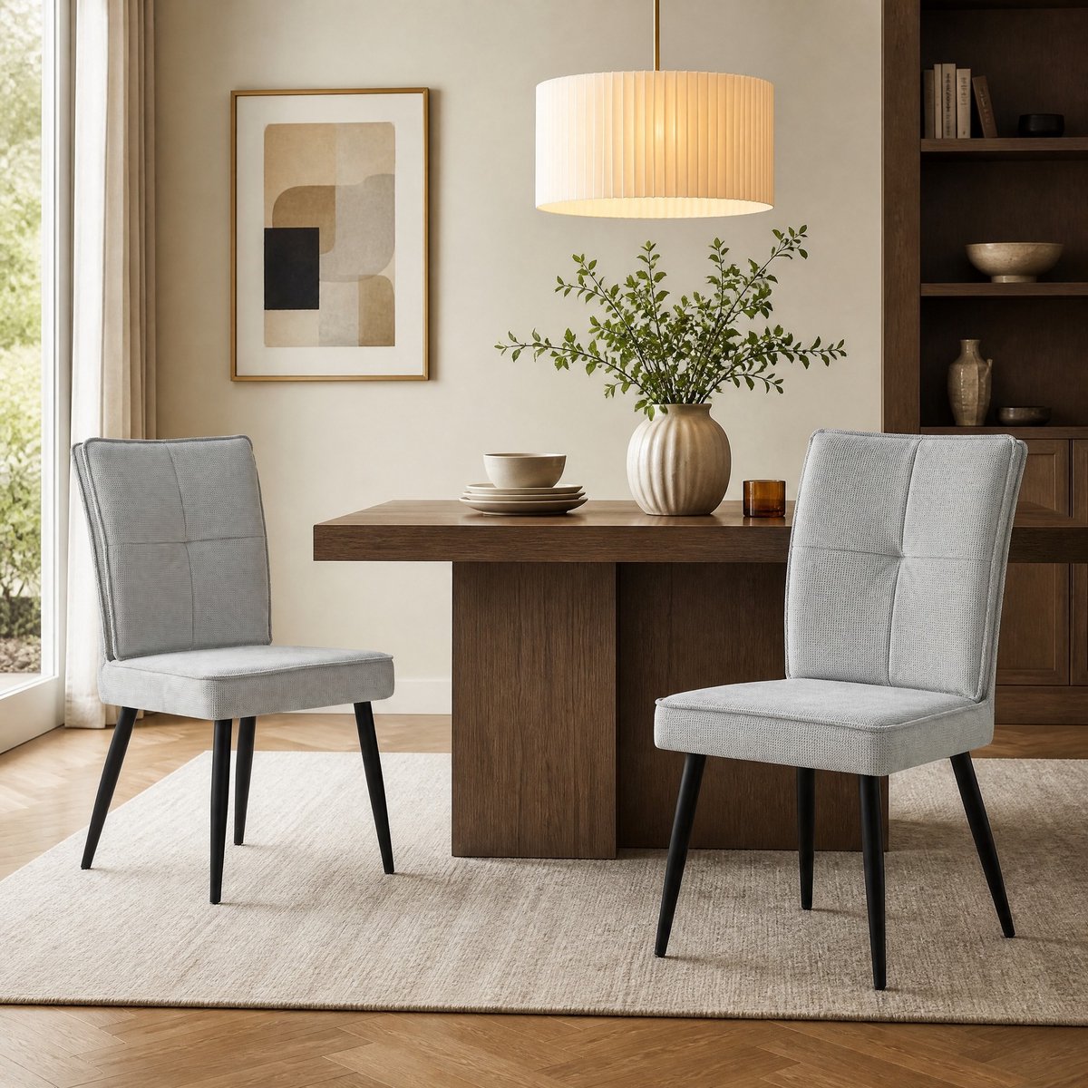 DESMIU Eetkamerstoel – Set Van 2 – Zachte Bekleding Met Hanenpootpatroon En Metalen Poten – Voor Eetkamer En Woonkamer – Lichtgrijs