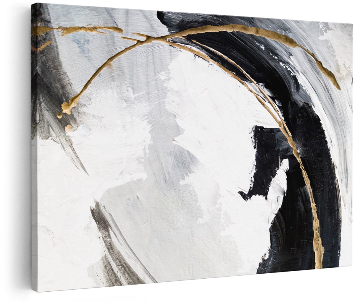 Artaza Canvas Schilderij Abstract - Luxe Kunst - Wit met Zwart en Goud - 180x120 cm - Groot - Muurdecoratie Modern - Wanddecoratie Woonkamer