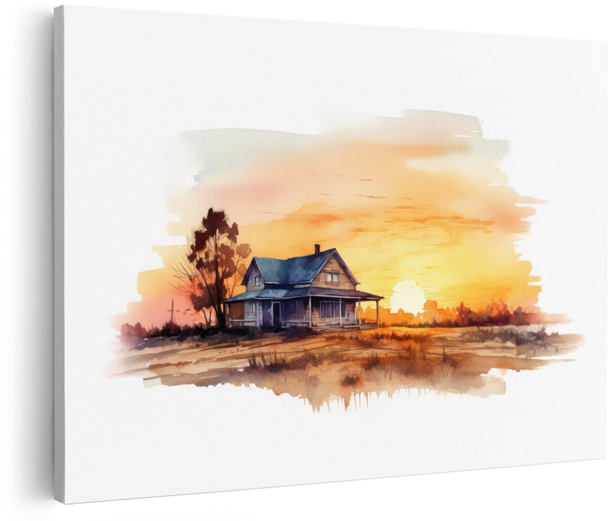 Artaza Canvas Schilderij Boerderij Zonsondergang - 180x120 cm - Groot - Wanddecoratie Landelijk - Muurdecoratie Natuur - Decoratie Landschap Woonkamer