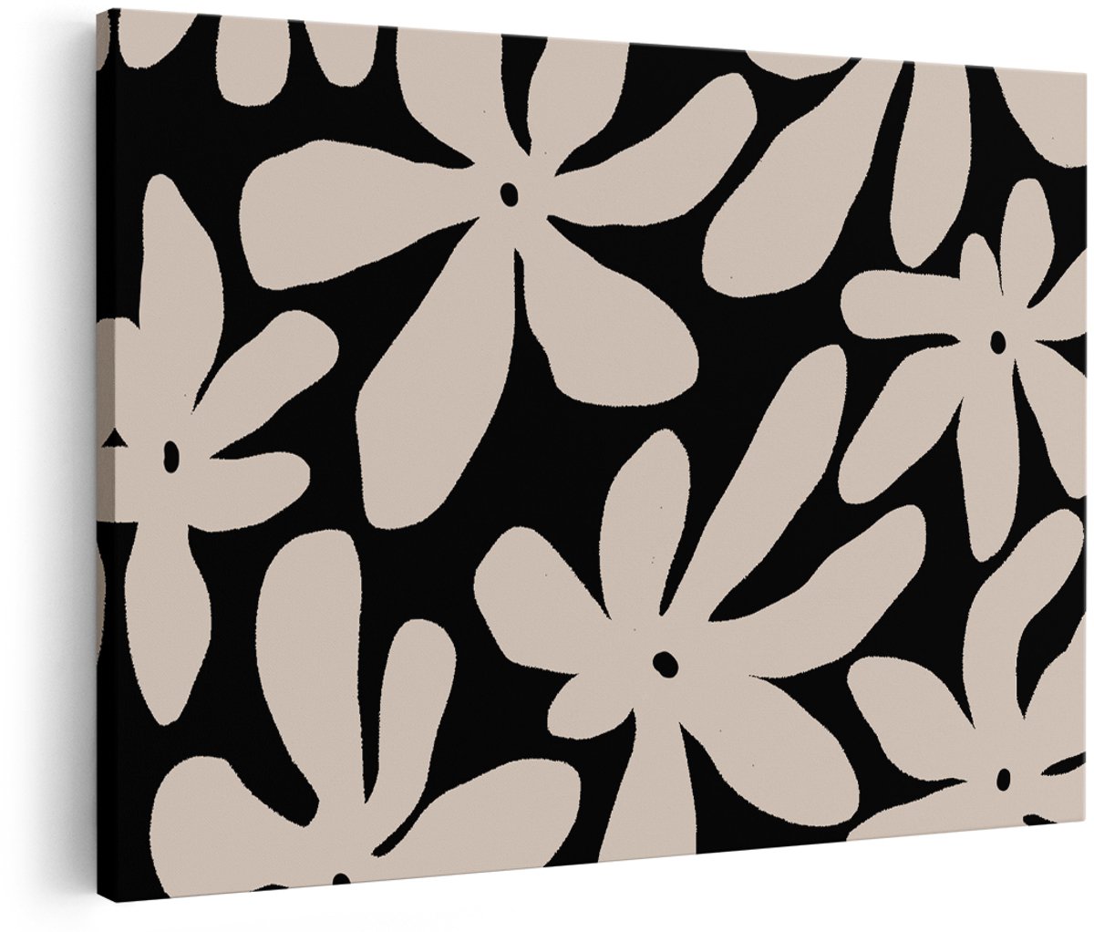 Artaza Canvas Schilderij Abstract Bloemenpatroon - 180x120 cm - Groot - Wanddecoratie Boho - Muurdecoratie Bloemen - Decoratie Beige Zwart