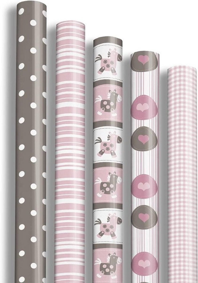 Cadeaupapier Set 12 Rollen - 2x0,70m - Baby Roze Thema - Stevig 80g Papier