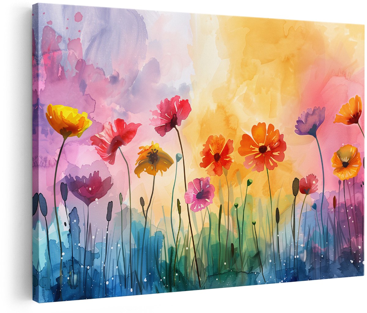 Artaza Canvas Schilderij Bloemen - 180x120 cm - Groot - Wanddecoratie Aquarel - Muurdecoratie Kleurrijk Bloemenveld - Decoratie Woonkamer - Schilderijen Op Canvas