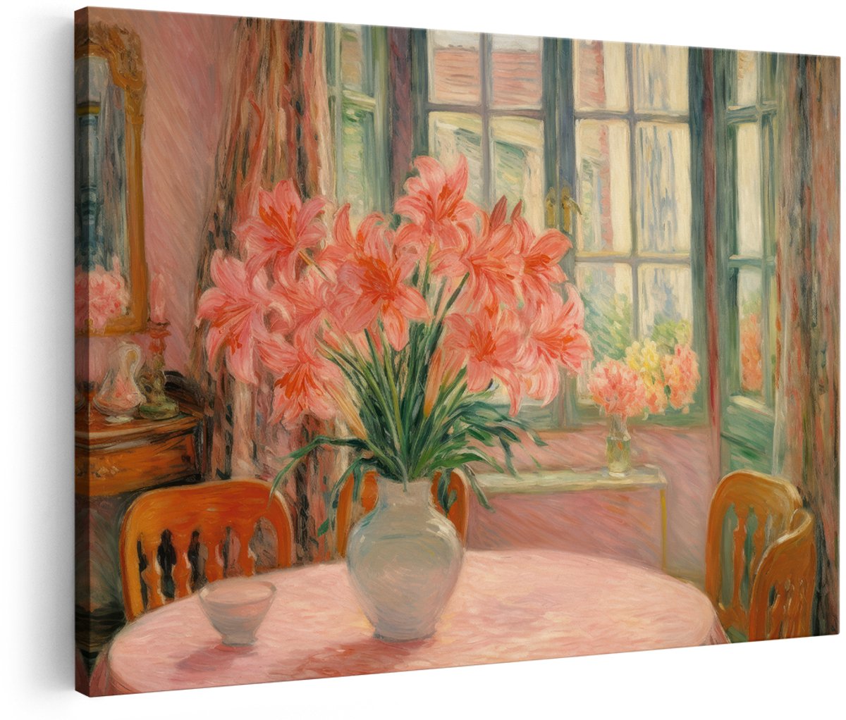 Artaza Canvas Schilderij Stilleven Bloemen - 180x120 cm - Groot - Wanddecoratie Roze Lelies - Muurdecoratie Vintage - Schilderijen Op Canvas Woonkamer