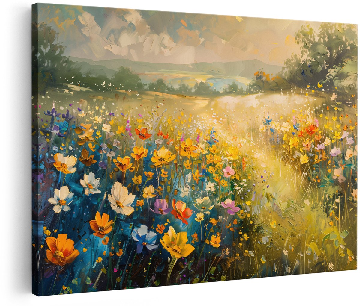 Artaza Canvas Schilderij Bloemenveld - 180x120 cm - Groot - Wanddecoratie Bloemen - Muurdecoratie Landschap - Decoratie Impressionisme - Kleurrijk