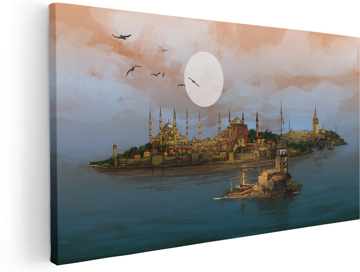 Artaza Canvas Schilderij Illustratie Van De Maiden's Tower In Istanbul - 180x90 cm - Groot - Wanddecoratie Woonkamer - Schilderijen - Muurdecoratie