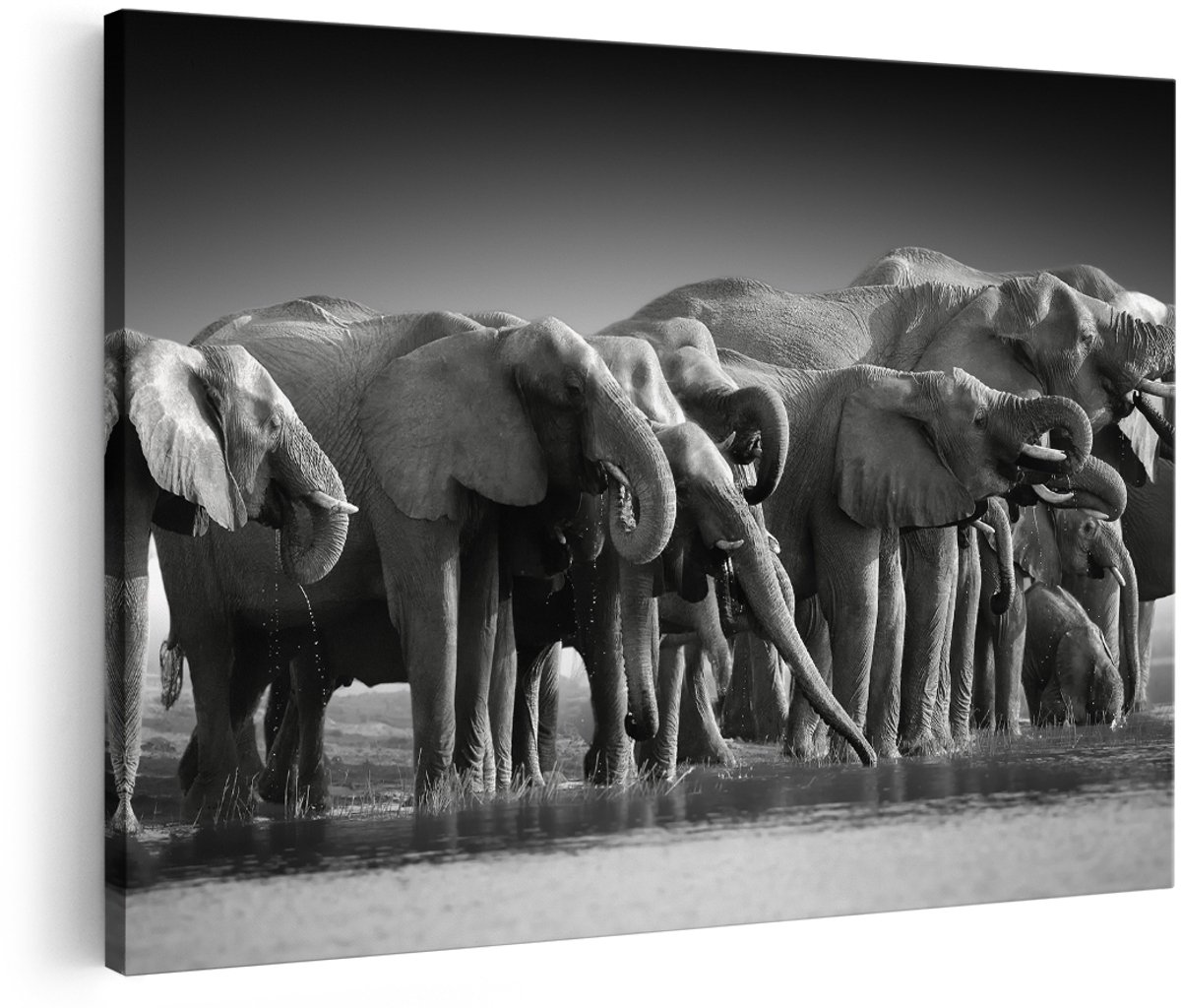 Artaza Canvas Schilderij Groep Olifanten Bij Het Water - Zwart Wit - 180x120 cm - Groot - Foto Op Canvas - Wanddecoratie Woonkamer