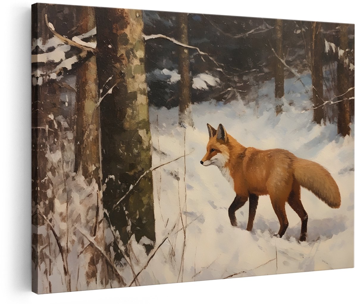 Artaza Canvas Schilderij Vos - 180x120 cm - Groot - Wanddecoratie Besneeuwd Bos - Muurdecoratie Dieren - Decoratie Winter Natuur