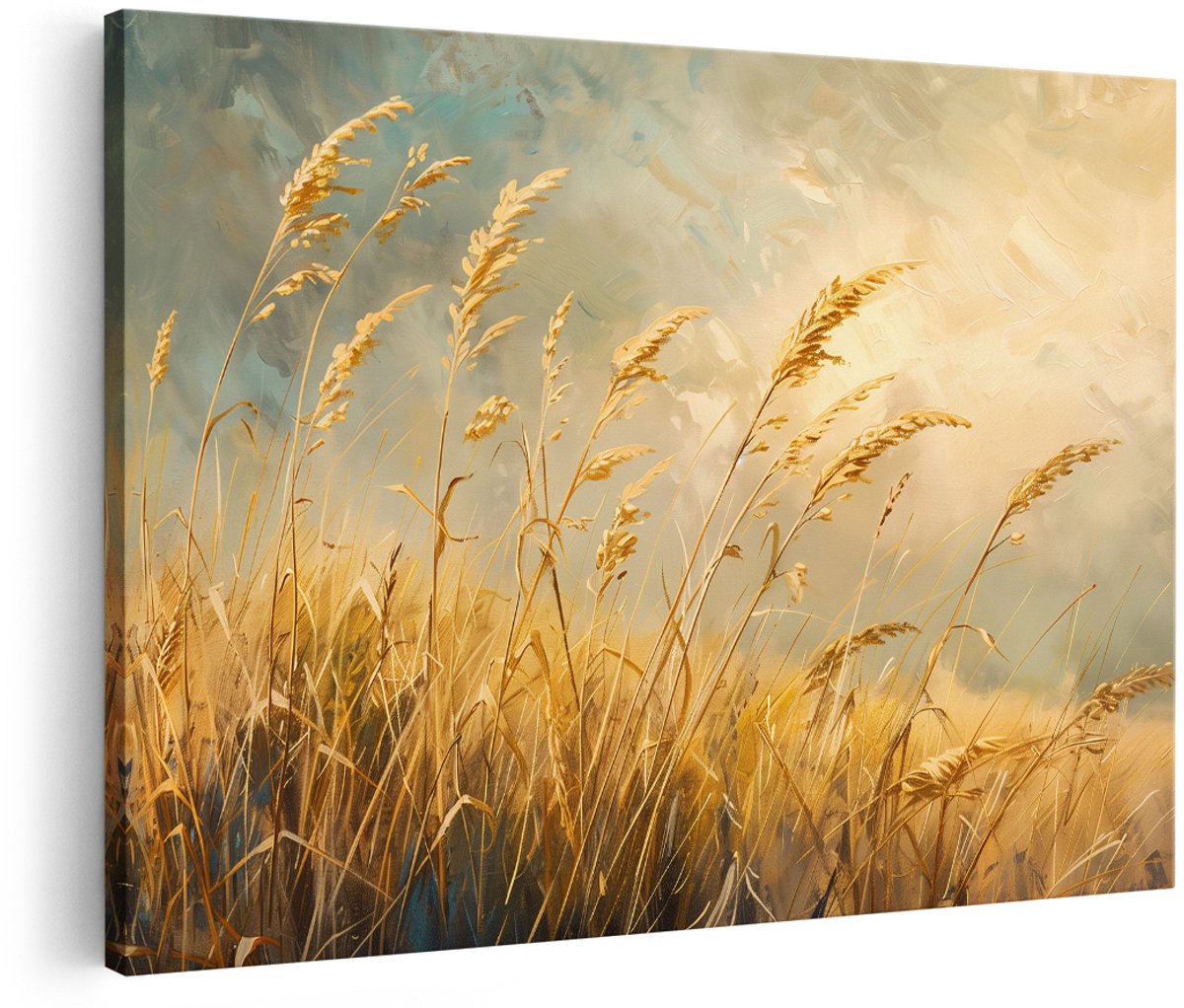 Artaza Canvas Schilderij Graslandschap - 180x120 cm - Groot - Wanddecoratie Natuur - Muurdecoratie Landelijk - Decoratie Goud - Woonkamer