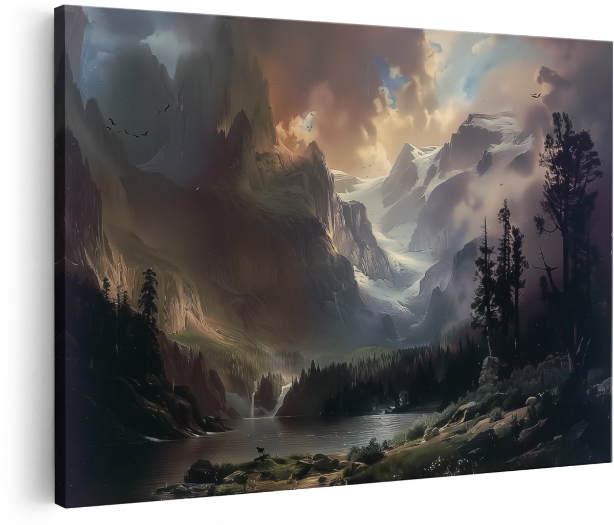 Artaza Canvas Schilderij Berglandschap met Bomen en Wolken - 180x120 cm - Groot - Wanddecoratie Woonkamer - Schilderijen - Muurdecoratie