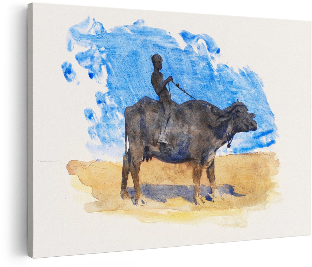 Artaza Canvas Schilderij Waterbuffel - 180x120 cm - Groot - Wanddecoratie Dieren - Muurdecoratie Aquarel - Schilderijen Kind Op Buffel - Blauw