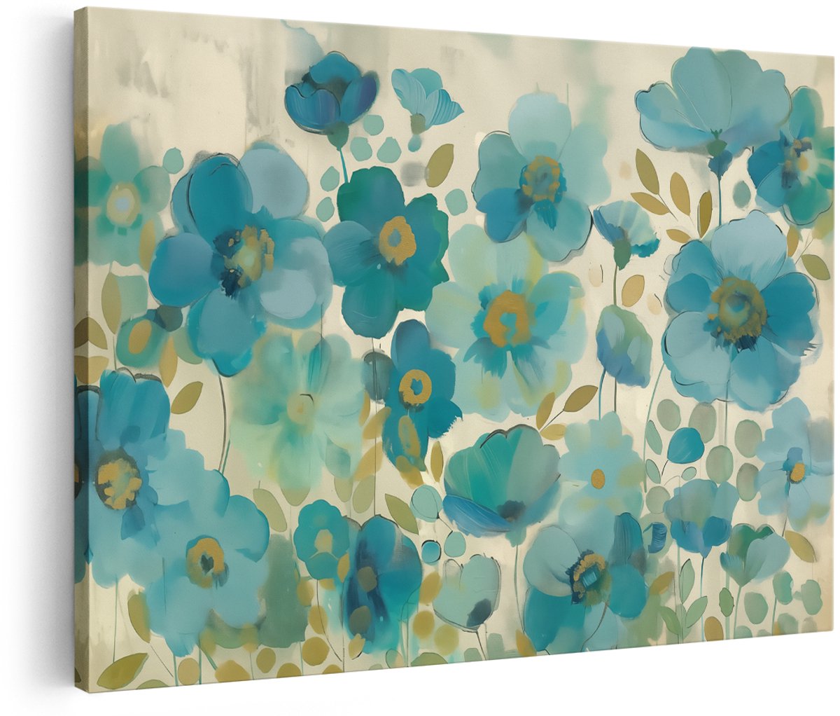 Artaza Canvas Schilderij Blauwe Bloemen op een Beige Achtergrond - Bloemen - 180x120 cm - Groot - Wanddecoratie Woonkamer - Schilderijen - Muurdecoratie