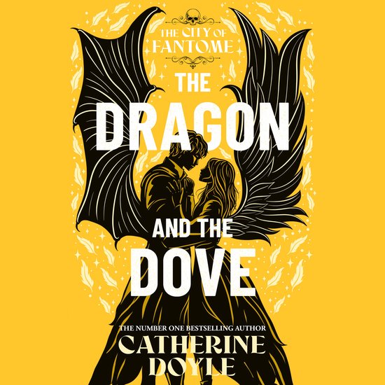 De cover van het boek 'The Dragon and the Dove' toont een paar op een gele achtergrond, met grote zwarte vleugels en versieringen.