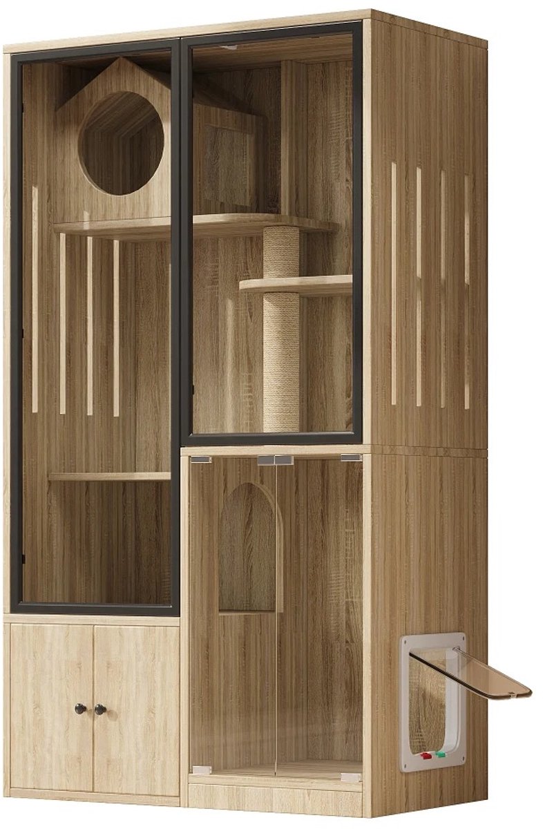 Emvae Kattenhuis - Kattenmeubel - Meerdere Niveaus - Krabpaal - Glazen Deur - 90 x 50 x 160 cm - MDF - Naturel
